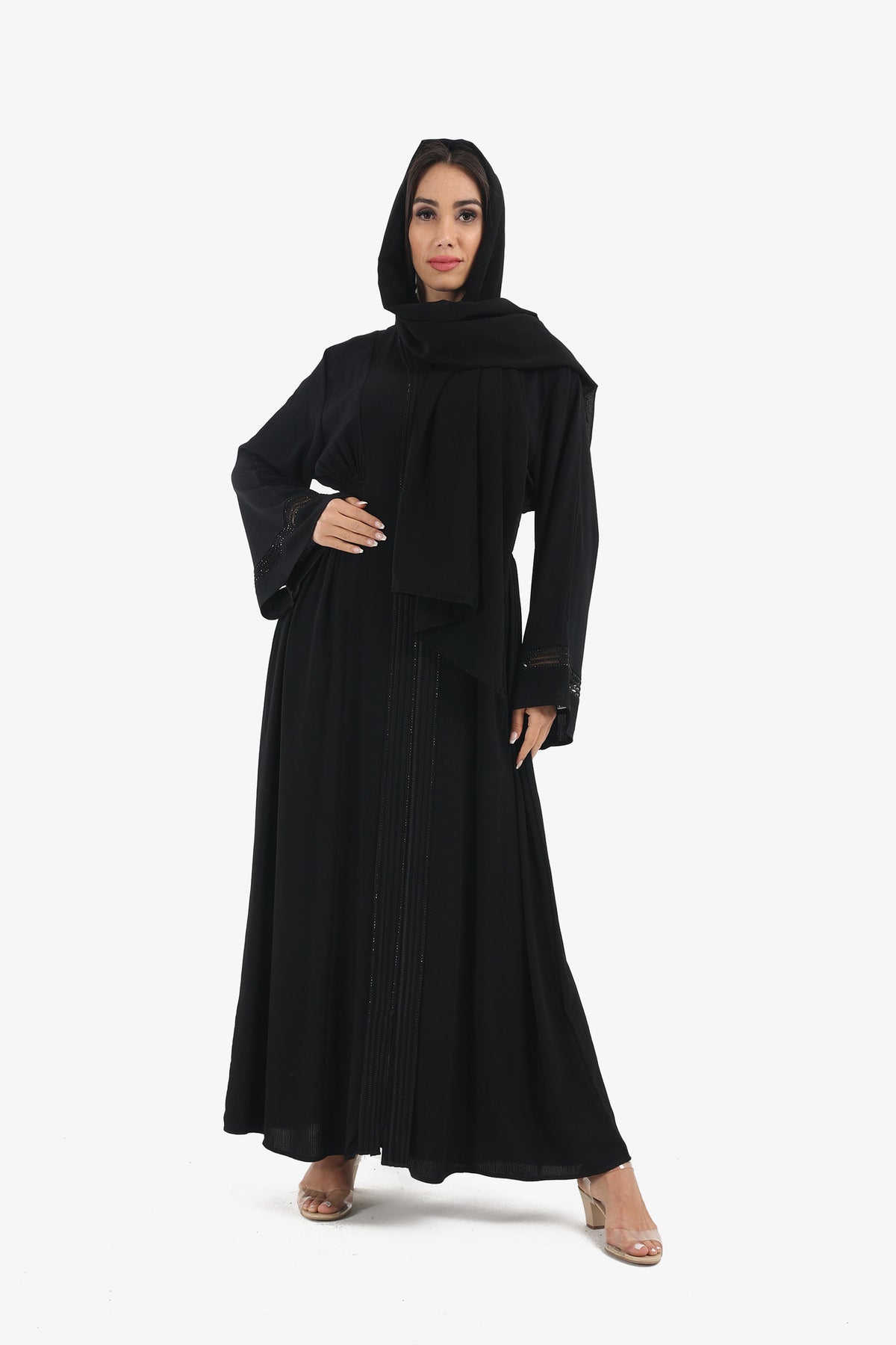 Embellished V-neck Abaya with Long Bell Sleeves