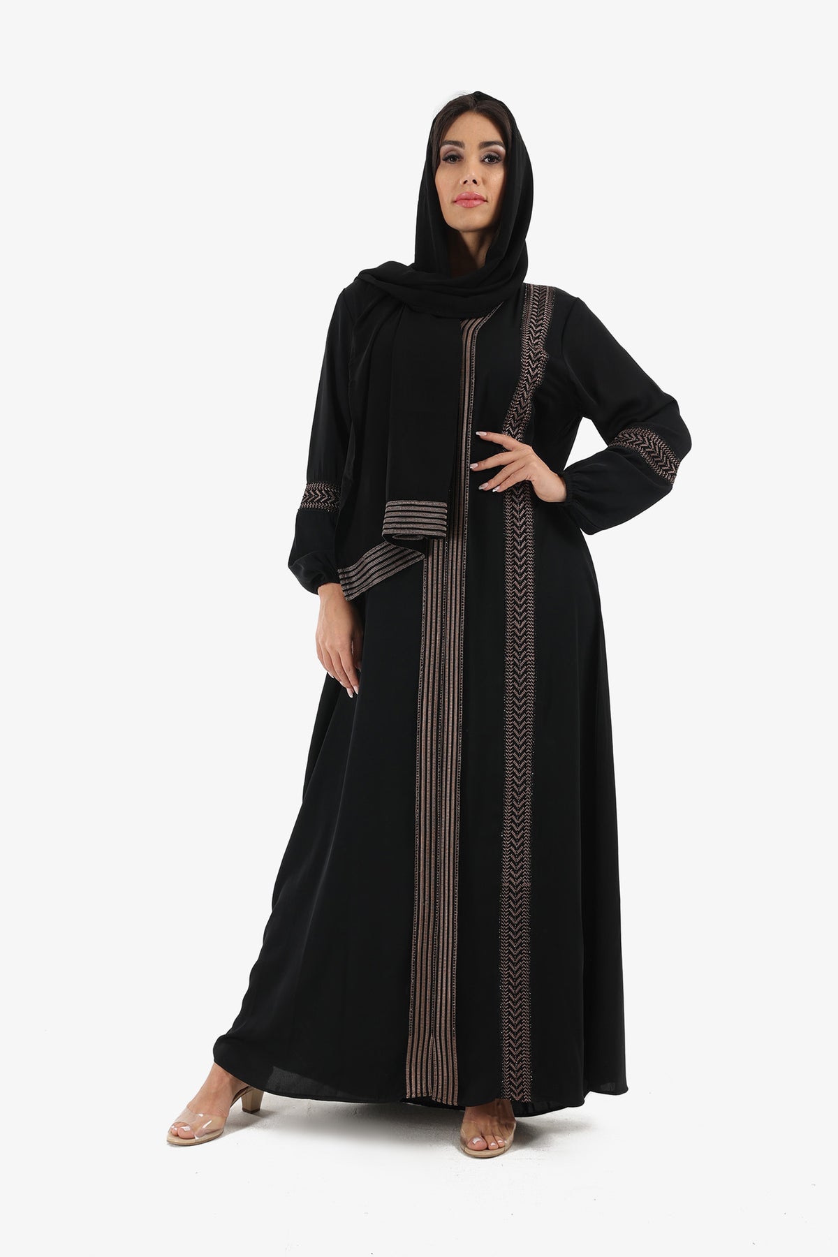 Embroidered Abaya with Elasticated Cuffed Sleeves